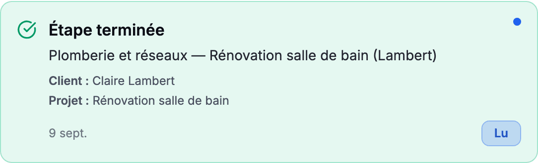 Notification de l'app Brikz : étape Plomberie et réseaux terminée sur le chantier Rénovation salle de bain de Claire Lambert