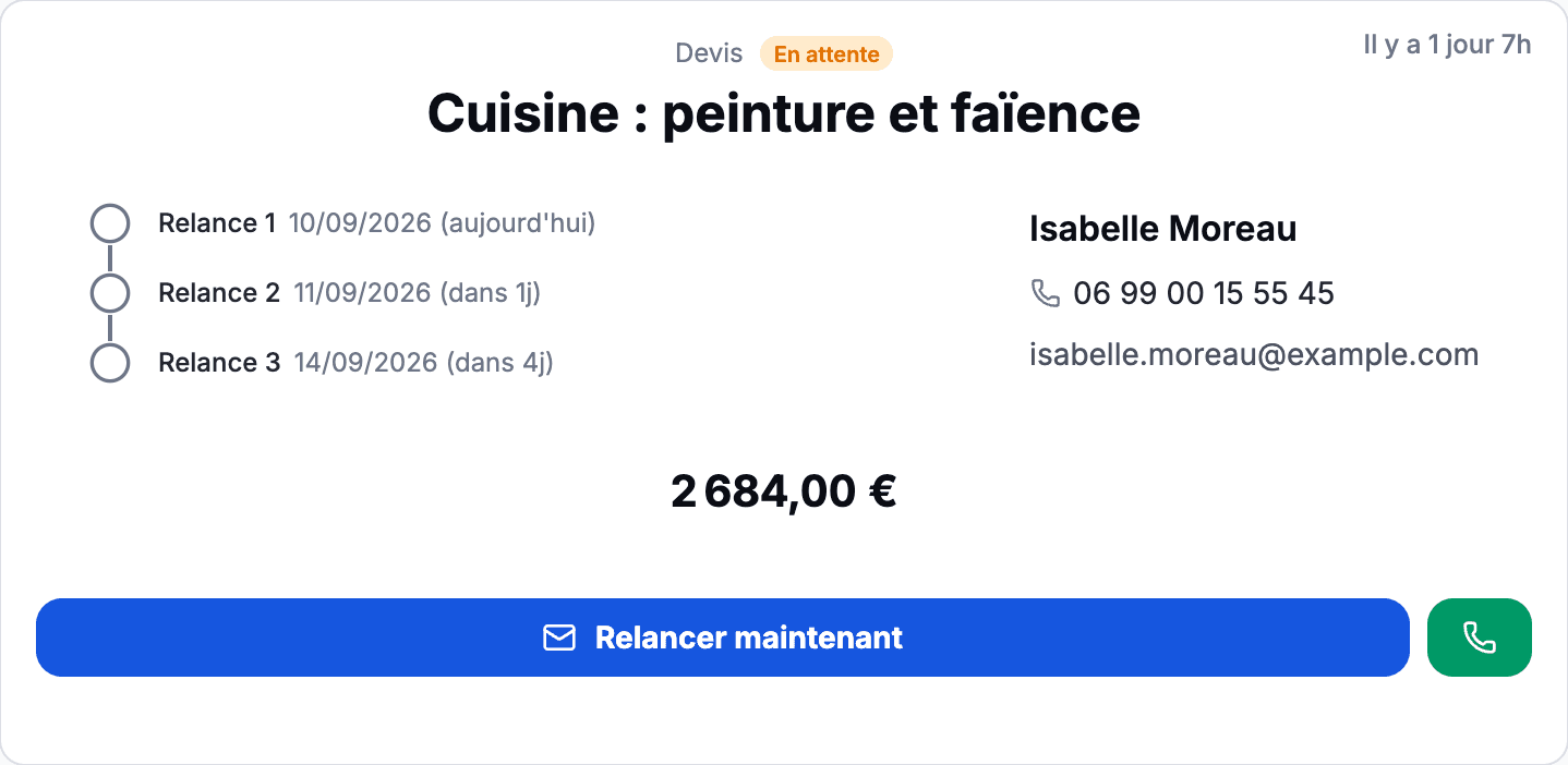 Carte du tiroir Relances de l'app Brikz : devis Cuisine : peinture et faïence d'Isabelle Moreau, 2 684,00 €, relances 1, 2 et 3 programmées les 10, 11 et 14 septembre 2026